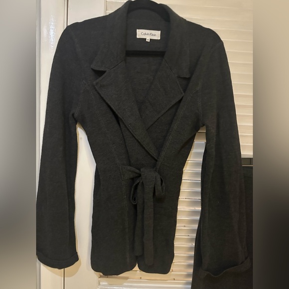 Calvin Klein Charcoal Gray Elevated Belted Wool Cardigan and Skirt set - Picture 4 of 8